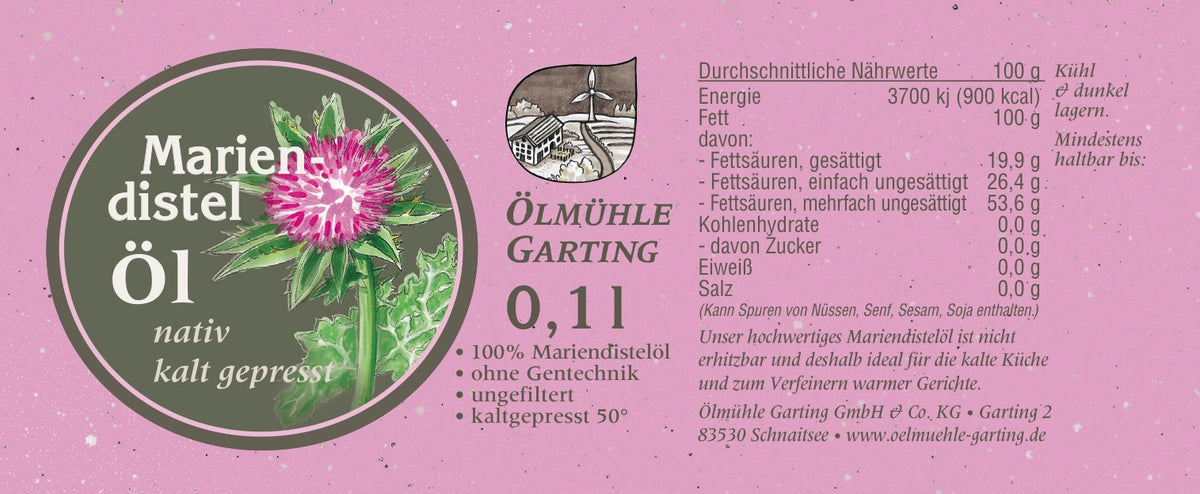 Etikett des Mariendistelöl nativ kaltgepresst, Ölmühle Garting mit illustrierter Mariendistel