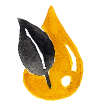 Icon-Illustration eines goldenen Öltropfens kombiniert mit einem grau-schwarzen Blatt auf beige-cremefarbenem Hintergrund – Symbol für die native Kaltpressung der Ölmühle Garting.