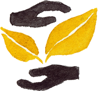 Icon mit zwei schwarzen Händen, die goldene Blätter umschließen – Symbol für die natürlichen und unverfälschten Produkte der Ölmühle Garting.