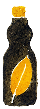 Icon-Illustration einer grau-schwarzen Flasche mit goldenem Deckel und goldenem Blatt auf beige-cremefarbenem Hintergrund – Symbol für die naturbelassenen Produkte der Ölmühle Garting.