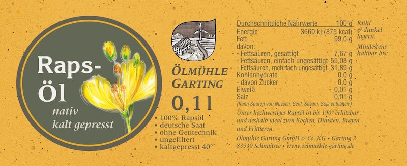 Etikett des nativen kaltgepressten Rapsöls der Ölmühle Garting mit Produktinformationen, Nährwerten und Anwendungshinweisen