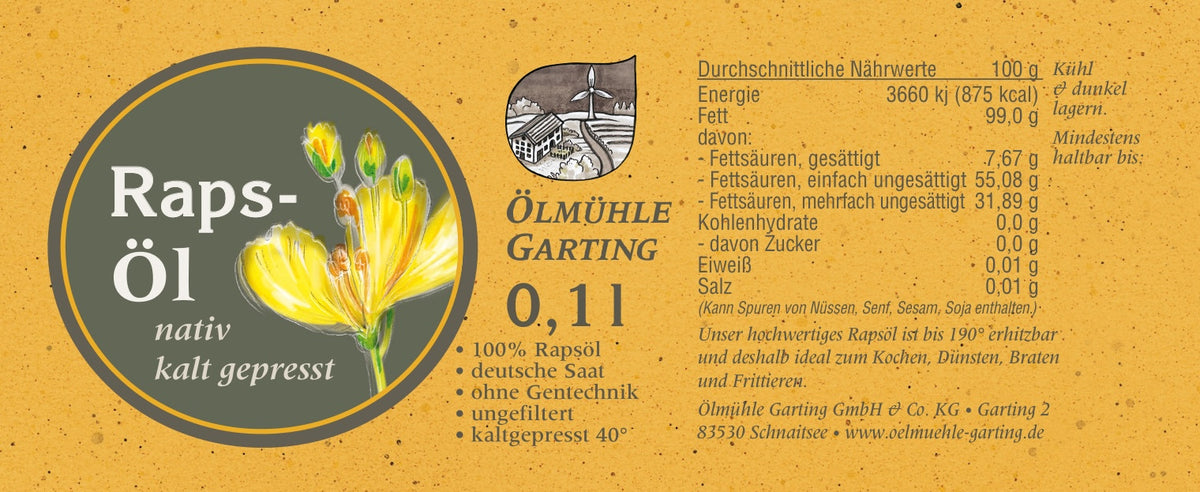 Etikett des nativen kaltgepressten Rapsöls der Ölmühle Garting mit Produktinformationen und Nährwerten