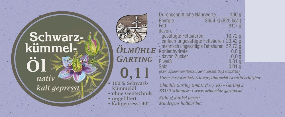 Produktetikett des Schwarzkümmelöls der Ölmühle Garting mit Nährwertangaben, Zutaten und Produktinformationen.