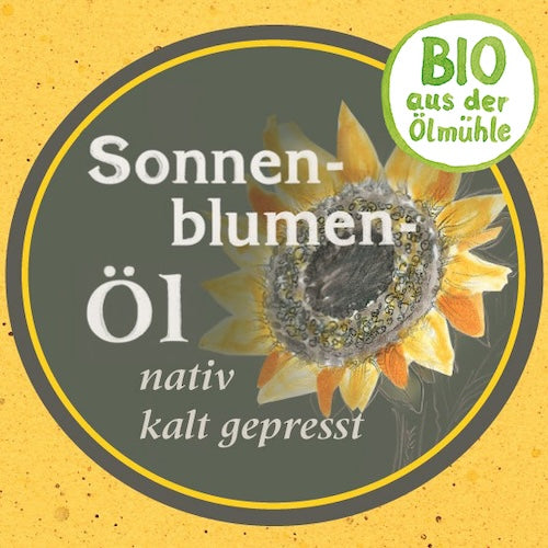 Etikett des Bio Sonnenblumenöls nativ kaltgepresst: Ölmühle Garting mit gezeichneter Sonnenblume und Bio Siegel der Ölmühle auf gelbem Hintergrund