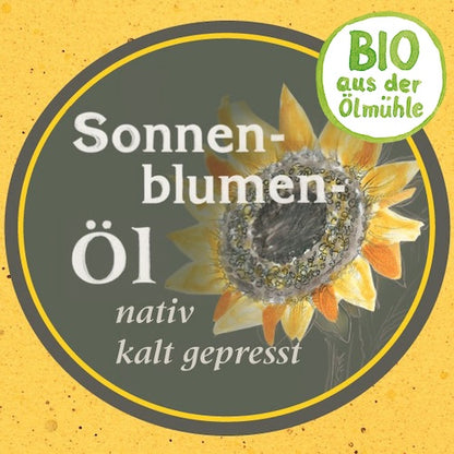 Etikett des Bio Sonnenblumenöls nativ kaltgepresst: Ölmühle Garting mit gezeichneter Sonnenblume und Bio Siegel der Ölmühle auf gelbem Hintergrund