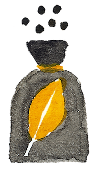 Icon-Illustration eines schwarzen Sacks mit goldenem Blatt, aus dessen Öffnung Saaten fallen, auf beige-cremefarbenem Hintergrund – Symbol für sortenreine Saaten der Ölmühle Garting.